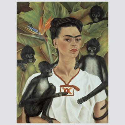 Frida Kahlo surrounded by monkeys and green leaves