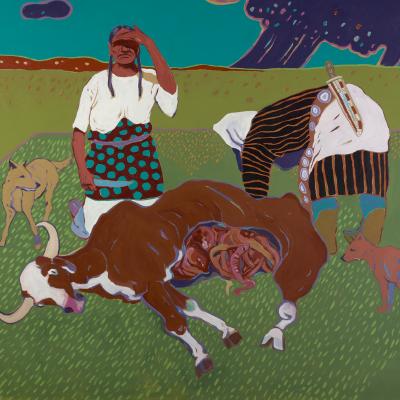 painting of 2 Indigenous women butchering a cow