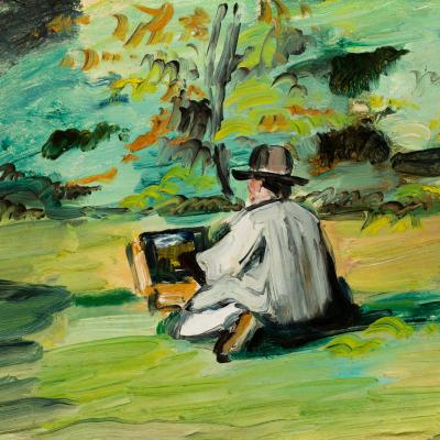 Impressionistic painting of Cezanne with his art supplies in the middle of a green field