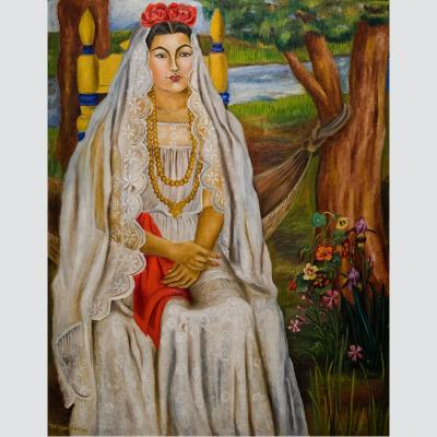 painting of a woman in a white wedding dress sitting with her arms folded and with red roses in her hair