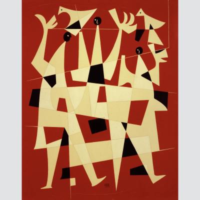 Abstract image of three human figures, black and tan coloring with arms reaching upward against a red background. Two black and tan birds at the top of the composition.