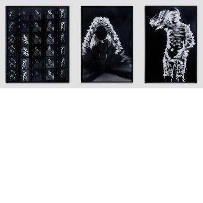 Three black and white photographs documenting Nengudi in a performance.