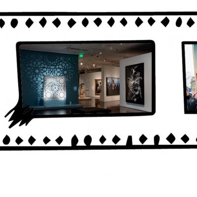 Illustrated image of a film strip. In each of the three frames of the film strip are three different photos, one of a mural on the side of a building, one of the interior of a museum gallery filled with art, and the third with an image from a protest.