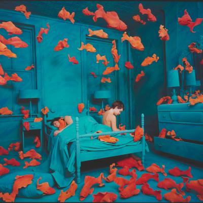 Surreal painting of a blue muted bedroom surrounded by bright orange goldfish