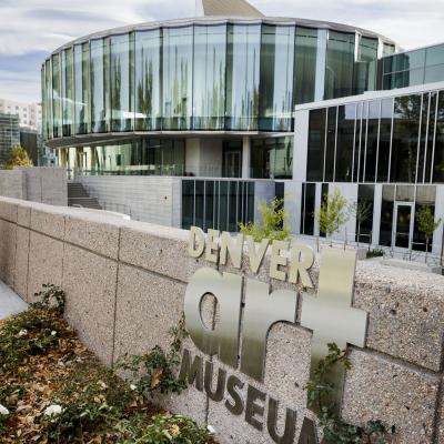 Exterior shot of the Denver Art Museum logo in front of the new Martin Building