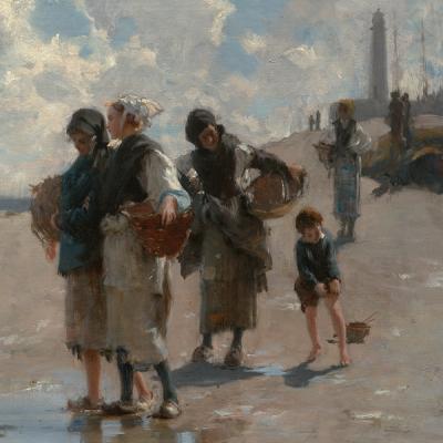 Painting of a group of men, women, and children at the beach on a clear day