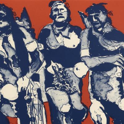 Stylized painting of a row of Hopi Indian dancers in motion