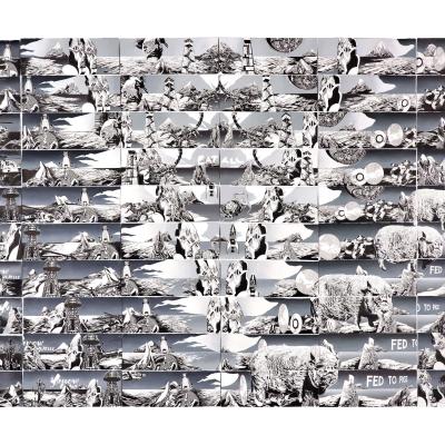 Repeating panels depiciting a white, tall, Babel-like building structure