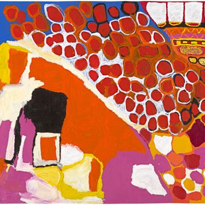 Abstract colorblock painting with different swirling dot patterns and imagery