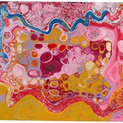 Abstract artwork of colorful shapes and lines that resemble a top-down view of the map