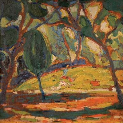 Autumnal forest landscape with a figure in motion in the center of the frame