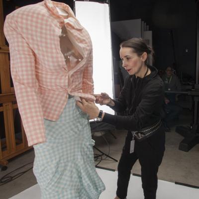 Florence Muller preparing a garment for Shock Wave catalog and exhibition