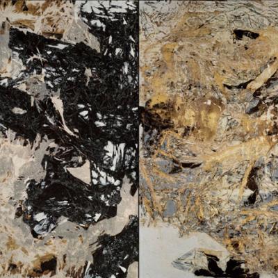 Abstract painting in ash, sepia, gray, golden yellow, matte white, black, and tan called Realness by Mark Bradford