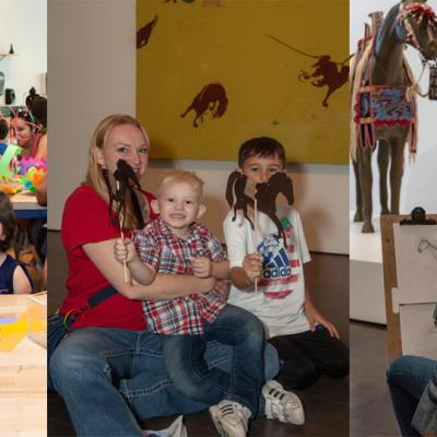 photos of visitors in the Studio and in the Stampede exhibition