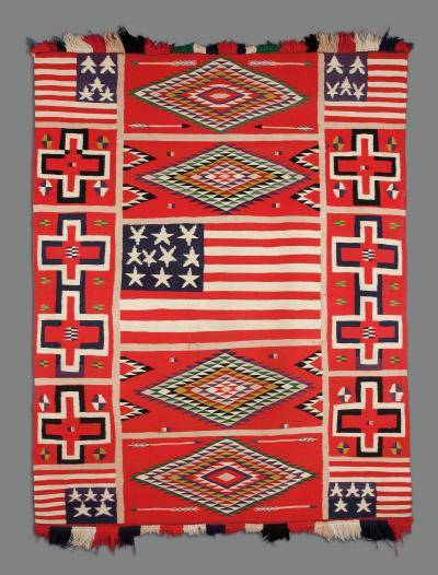 1937_306_o2-compressed.jpg Blanket/Rug with bright red, white, and blue patterns in various shapes