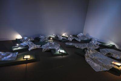 Installation view meant to simulate the camps at the U.S.-Mexico border