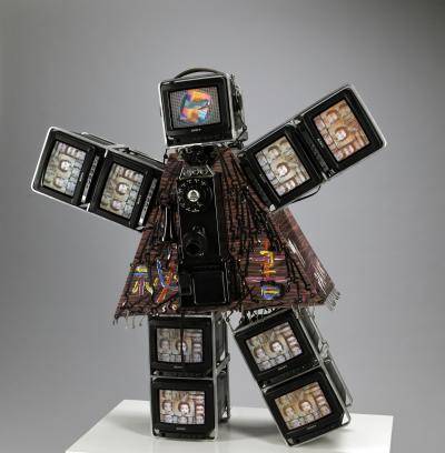 Sculpture made of small TVs