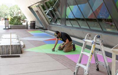 Andrew Huffman's outdoor installation, "Domino Projection," on the plaza at the Denver Art Museum