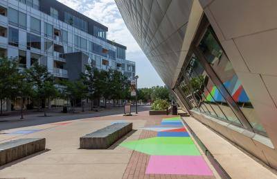 Andrew Huffman's outdoor installation, "Domino Projection," on the plaza at the Denver Art Museum