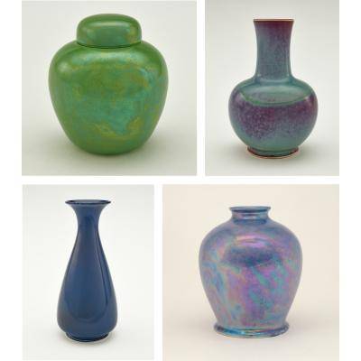 Photo collage of four Ruskin pots, in different sizes, shapes, and colors