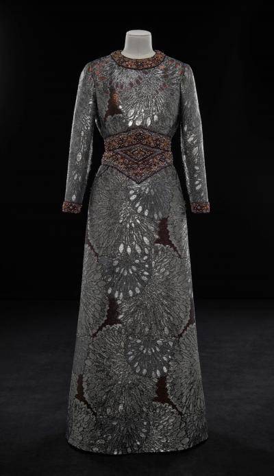 Gray haute couture runway wedding dress with bodice modification