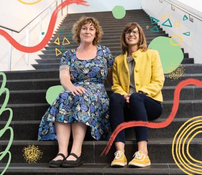 Becky Wareing Steele and Libby Barbee sitting on a bench