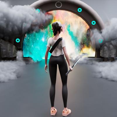 video game graphic of female player pictured from the back wearing leggings, t-shirt, sneakers and baseball cap facing a scene with gray clouds and a tunnel opening into space