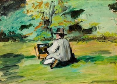 Impressionistic painting of man sitting with his art supplies in the middle of a green field.