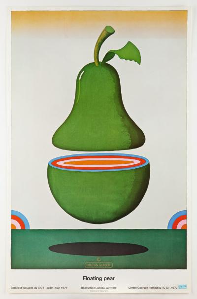 An illustration of a bright green pair floating in the air and cut in half so the top part floats above the bottom part