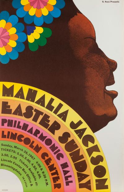 An illustration of Mahalia Jackson's face in profile with flowers in her hair