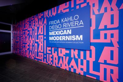 Colorful title wall logo for the Frida Kahlo exhibition