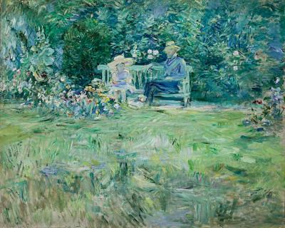 Impressionistic painting of a couple sitting on a bench in a garden.