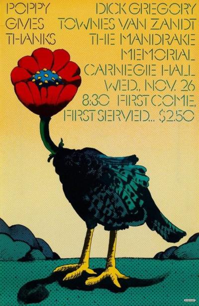 poster with the words Poppy Gives Thanks and an illustration of a turkey with a red poppy flower for a head; there's also a list of performers