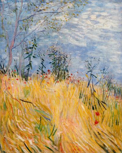 Impressionistic painting of a wheat field against a dreamy blue sky.