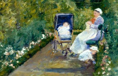 A woman sitting on a park bench with her child in a stroller nearby.