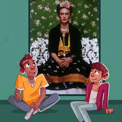 Illustration of two teens sitting in front of a portrait of Frida Kahlo