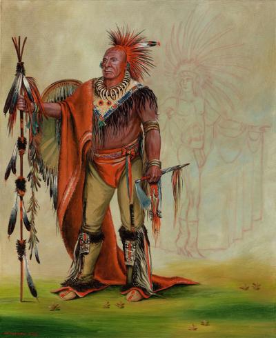 Kent Monkman (Fisher River Band Cree), The Watchful Fox, Chief of the Tribe with Tinselled Buck no. 4,520, 2008. Acrylic paint on canvas; 30 x 24 in. Gift from Vicki and Kent Logan to the Collection of the Denver Art Museum, 2015.657. © Kent Monkman