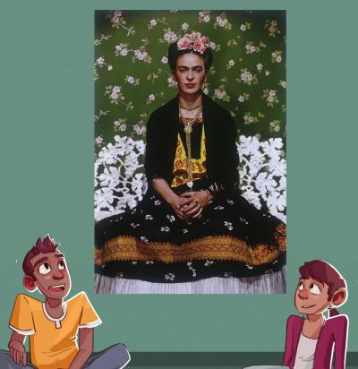 Illustration of two teens sitting in front of a portrait of Frida Kahlo