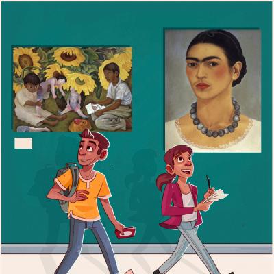 Two cartoon kids walking through the Mexican Modernism Exhibition.