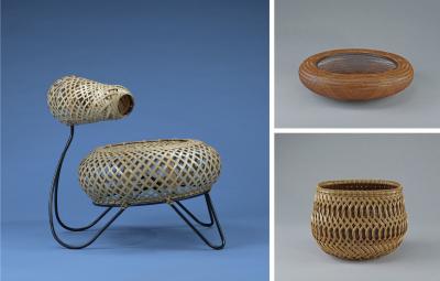 A woven bamboo and iron side chair, and two woven bamboo baskets.