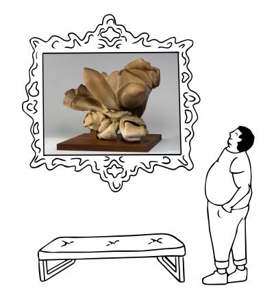 Illustration of a man in a gallery looking up at a framed photo an abstract stone sculpture.