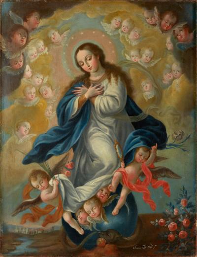 Virgin Mary surrounded by angels and cherubs
