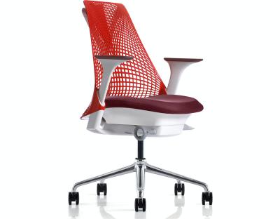 Bright red task chair with a thick plastic mesh back made with a criss-cross pattern that forms a Y-like shape.