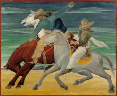 Three men riding horses in a rodeo