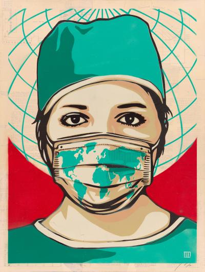illustration of a health care worker from shoulders up wearing a mask with map of the world on it