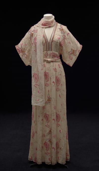 floor-length v-neck dress and scarf