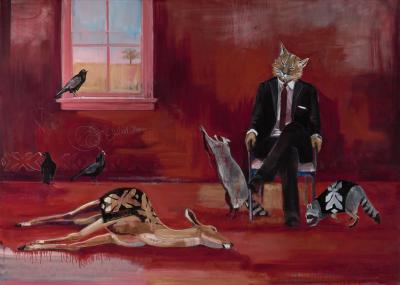 Red surrealist painting with a fox dressed in a black suit
