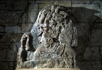 Maya monument made of stone fragments.