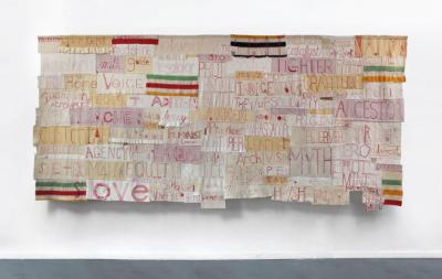 A collection of words related to equity written in red and sewn together to create a large tapestry.