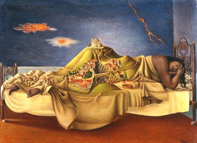 Surrealist painting of a woman sleeping on her side with a Mexican village rising out of her bed.